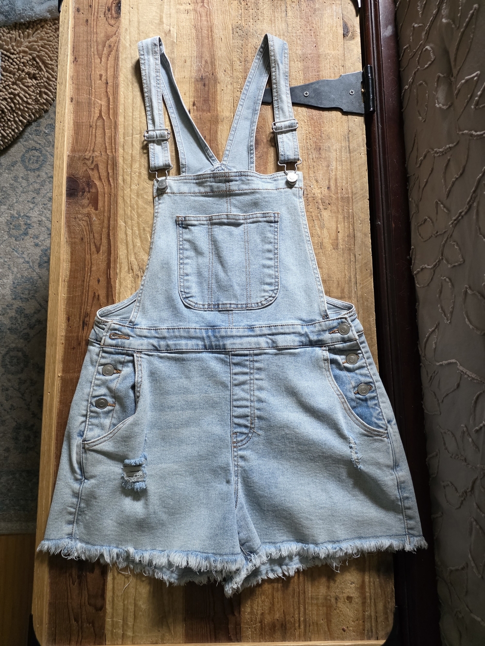 No Boundaries Light Blue Denim Overall Shorts with Frayed Hem